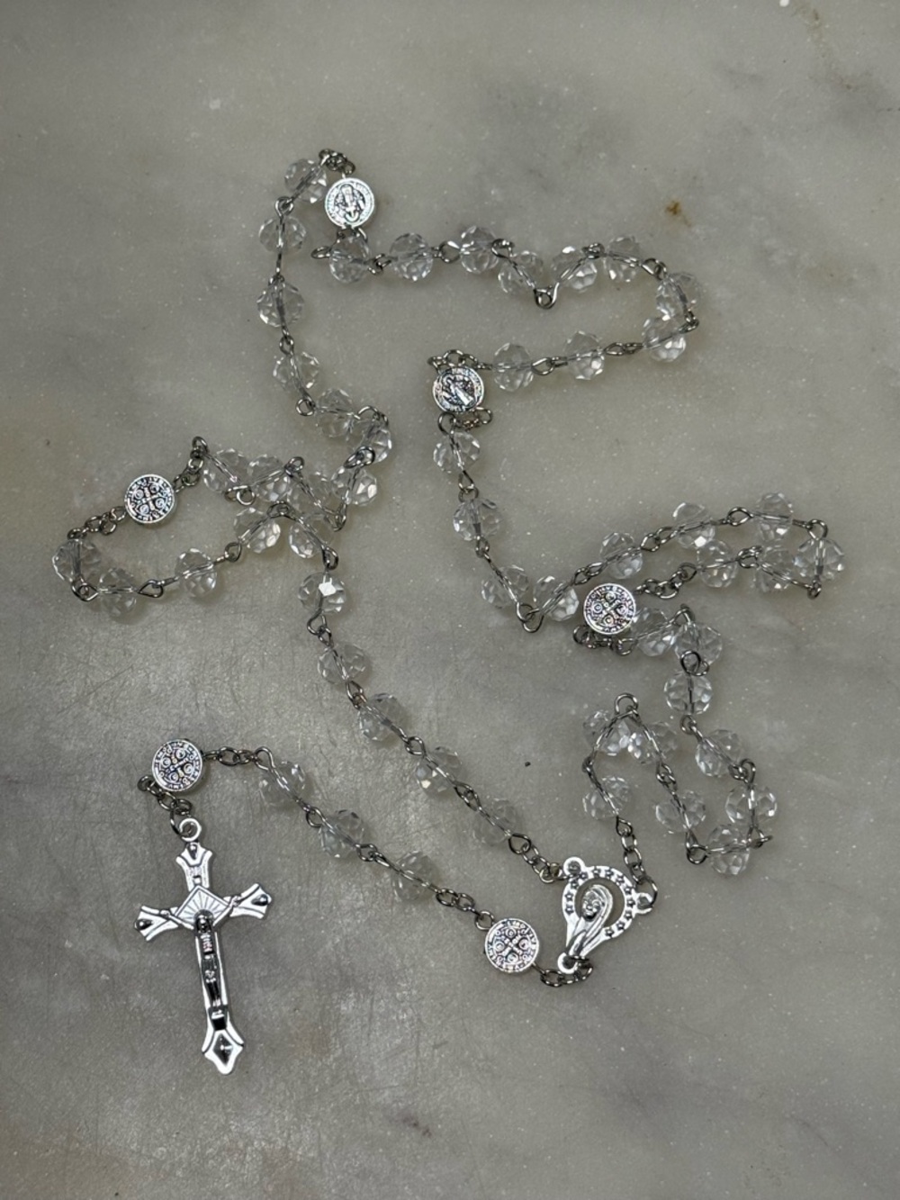 Clear Crystal Rosary Necklace - Clear Beads